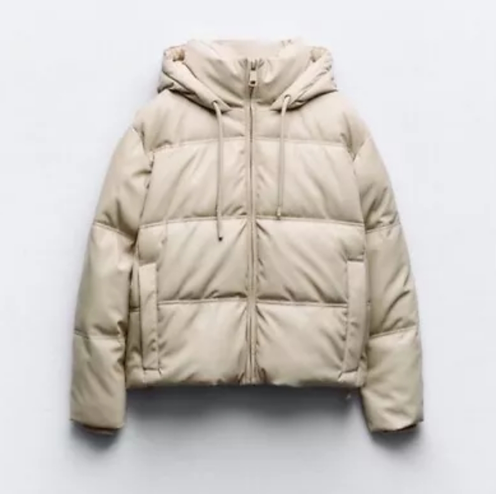 ZARA Faux Leather Hooded Puffer Jacket